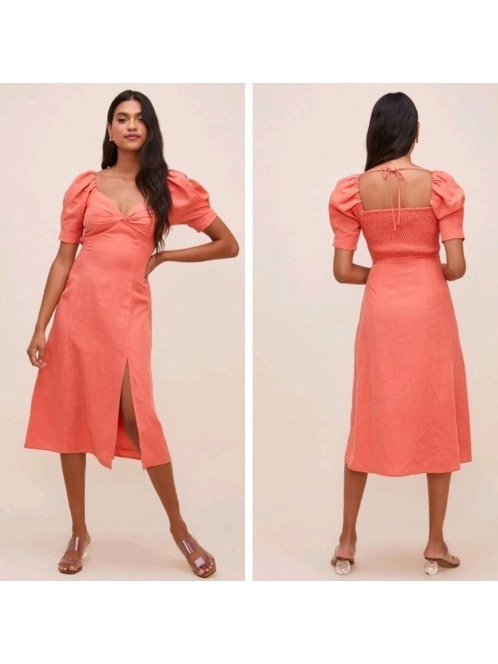 Astr The Label Fern Puff Sleeve Midi Dress Orange Punch